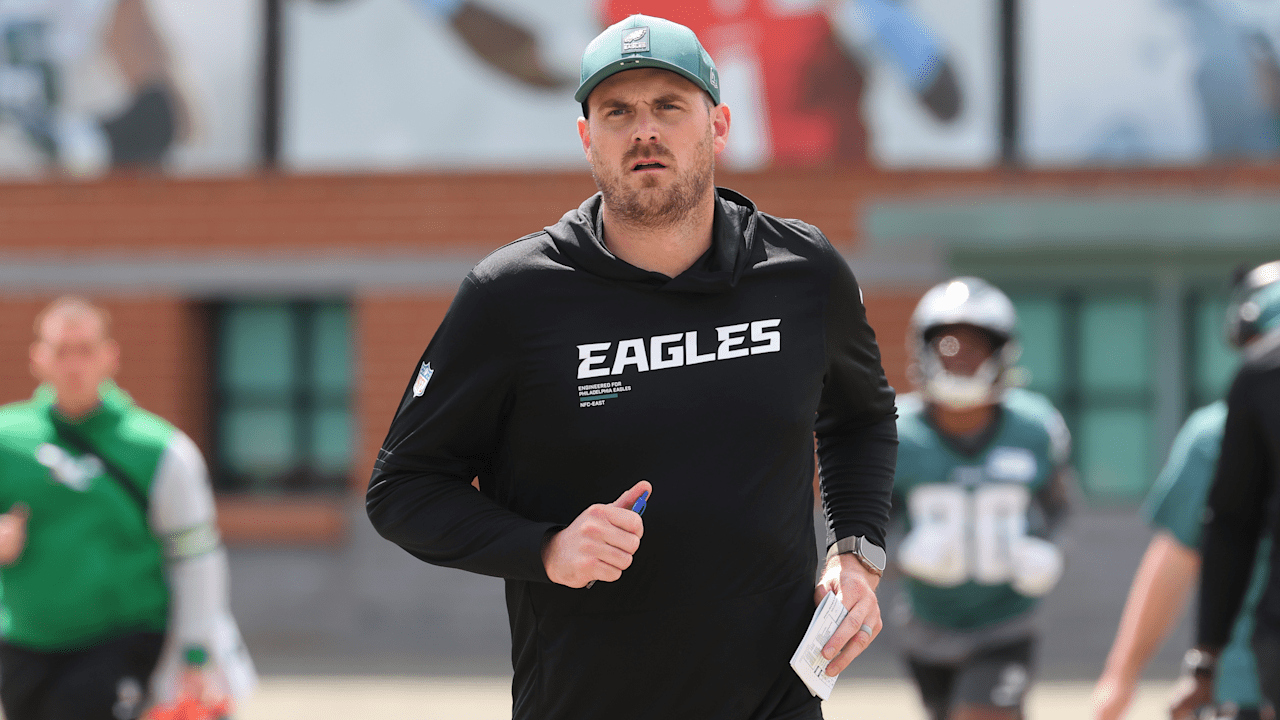 Philadelphia Eagles offensive coordinator Sean Mannion speaks to reporters ahead of the team’s 2026 OTA practices while discussing Jalen Hurts and the Eagles offense.